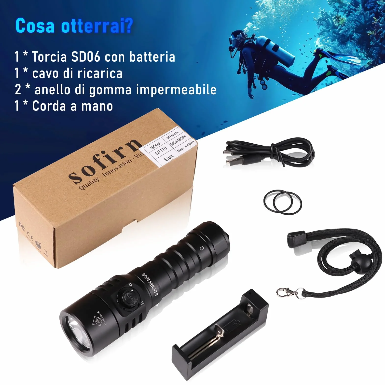Sofirn SD06 Torcia Subacquea 3200LM 472M IPX8 6500K Professionale con Blocco e Interruttore Magnetico