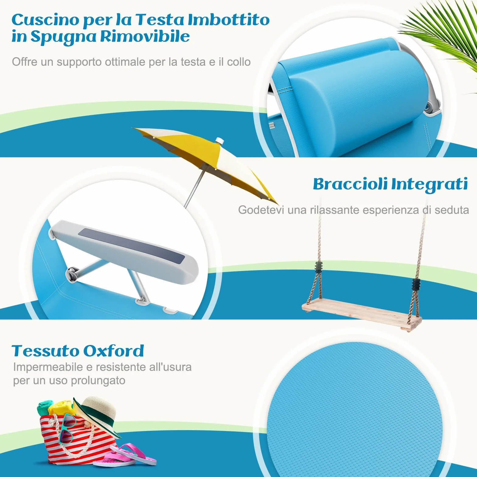 COSTWAY Set di 2 Sedie da Spiaggia Pieghevole a 5 Posizioni con Portabicchieri e Cuscino, Portata 150 kg Azzurro