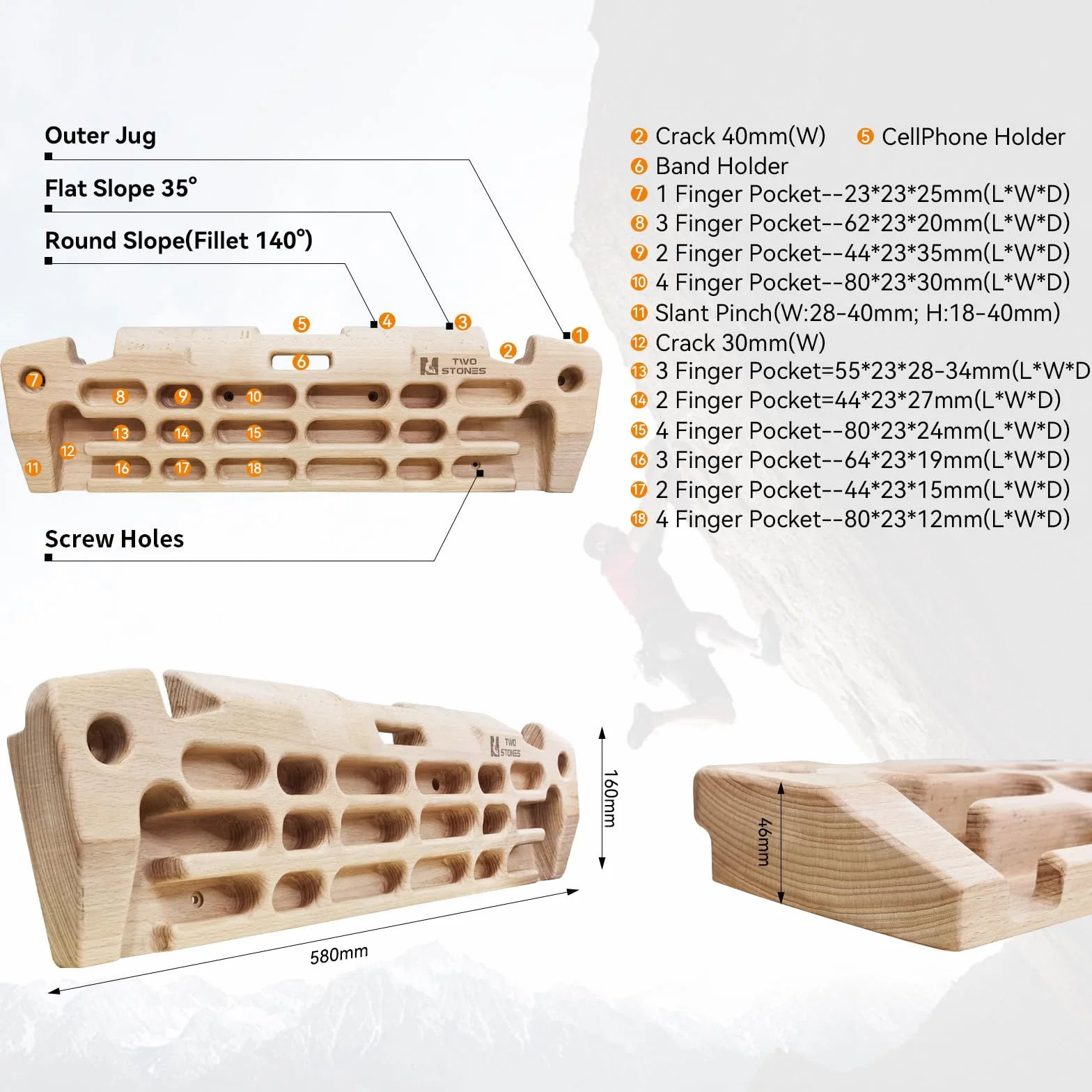 TWO STONES Hangboard per Arrampicata su Roccia con Supporto per Telefono e Fascia, Legno