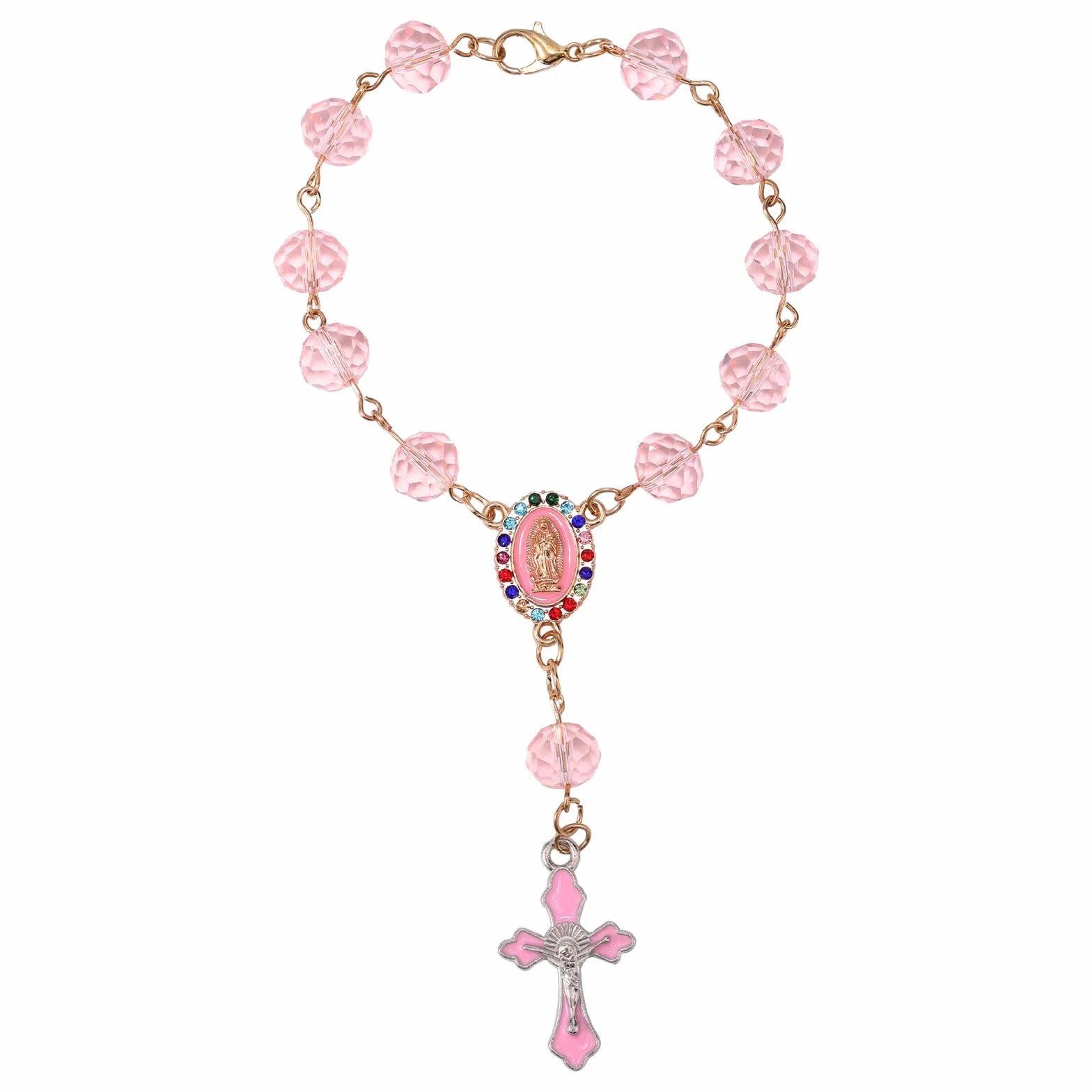 Rosario Auto da Appendere allo Specchietto Retrovisore, Ornamento Religioso a Forma di Croce con Ciondolo Cattolico Ideale per Battesimo Prima Comunione Matrimonio Uomo e Donna (Rosa)