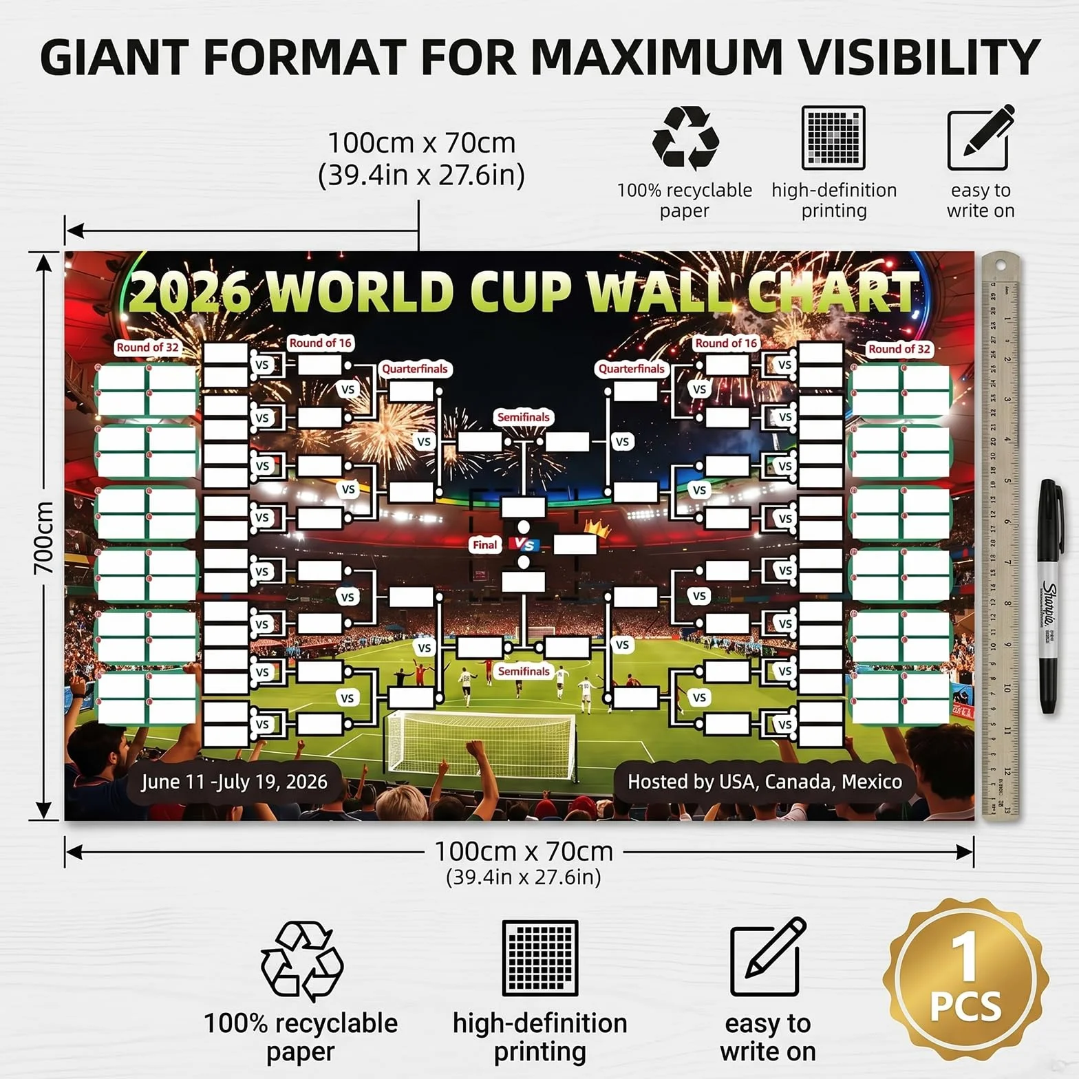 Mondiali 2026 Poster 100x70 cm Calendario Coppa del Mondo Programma Partite Mappa