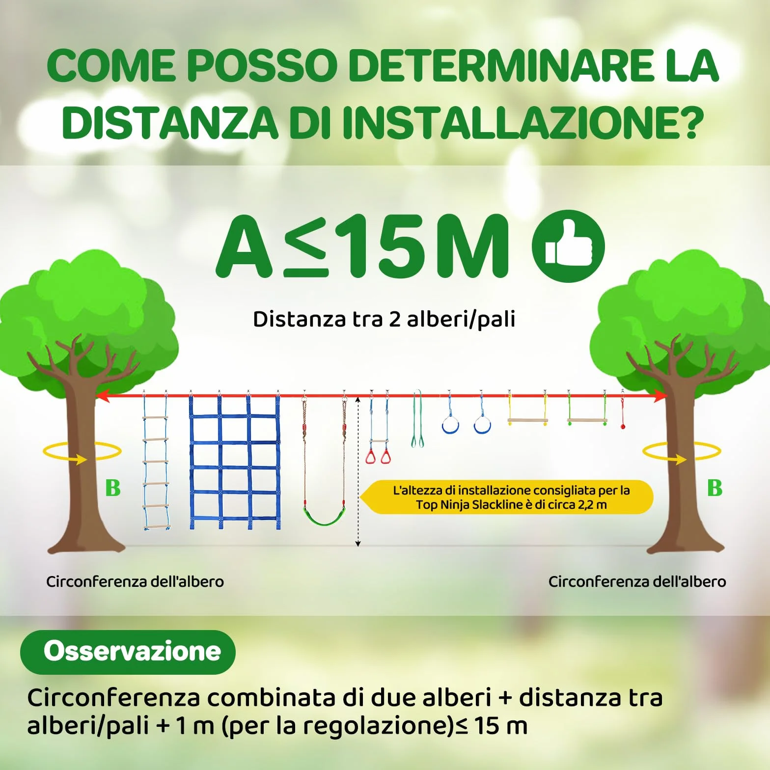 Dripex Percorso ad Ostacoli Ninja per Bambini 15m×2 Slackline 10 Ostacoli durevoli Allenamento all'aperto Cortile Altalena Rete Scala Arrampicata