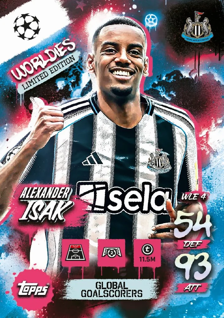 Topps UCC Match Attax 2025/26 Mini Tin Global Goalscorers 28 carte Star Boy LE 3 carte Worldies LE