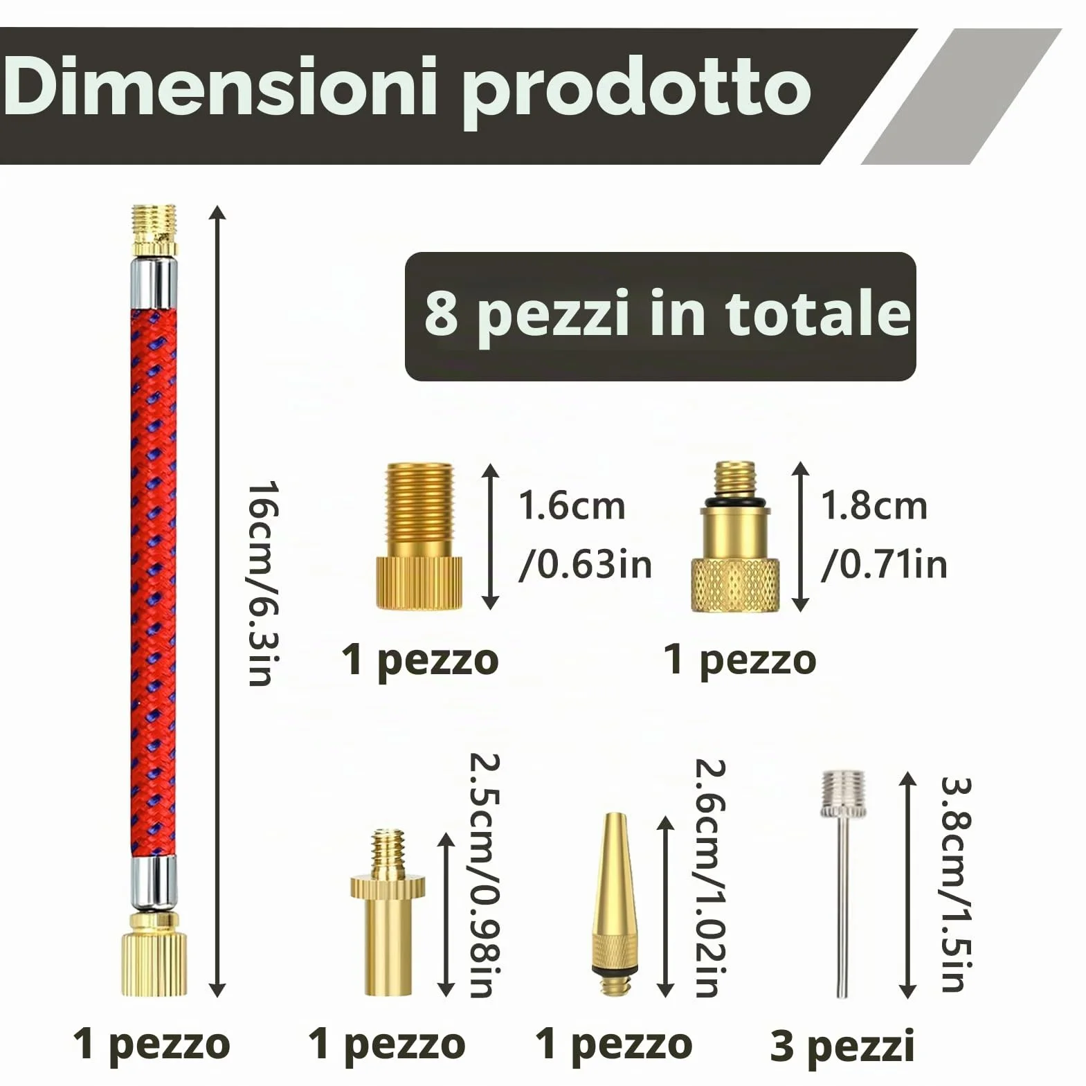 Adattatore Valvola Presta Universale 8 Pezzi per Palloni Auto Bici Gonfiaggio SV DV AV Prolunga Tubo Aghi Compressori Aria