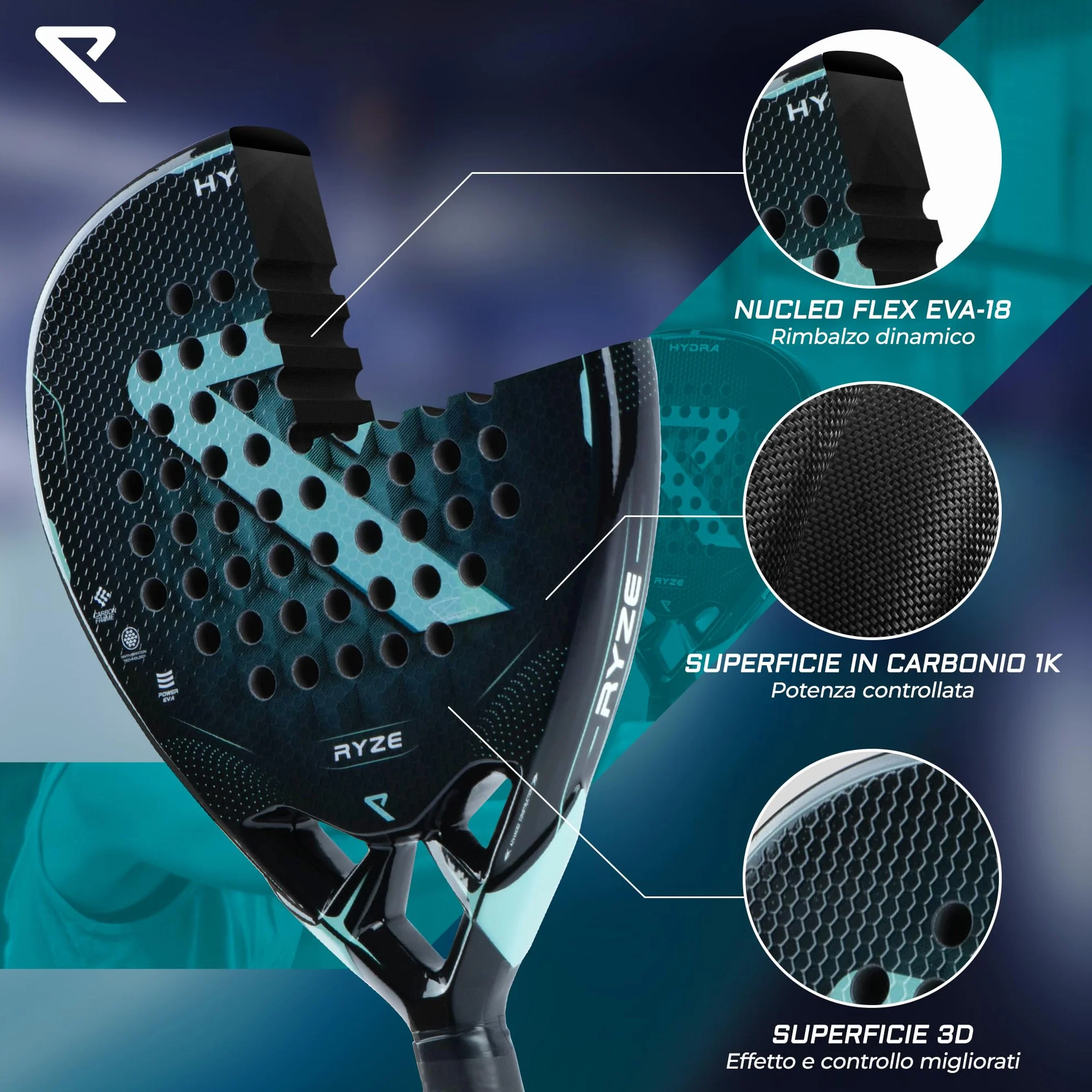 RYZE HYDRA Racchetta da Padel 100% Fibra di Carbonio 365g EVA-18 Flex Custodia Inclusa