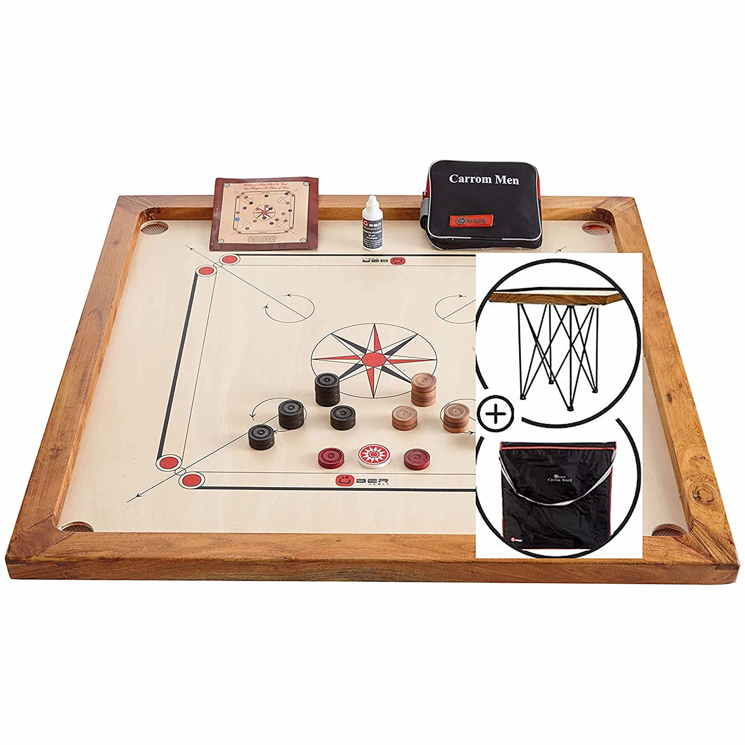 Ubergames Carrom Board Set ufficiale da 7 kg – Legno duro ecologico – Kit completo con dischi ufficiali (Carrom con tavoli e borsa) – India originale per 2-4 giocatori a partire da 8 anni