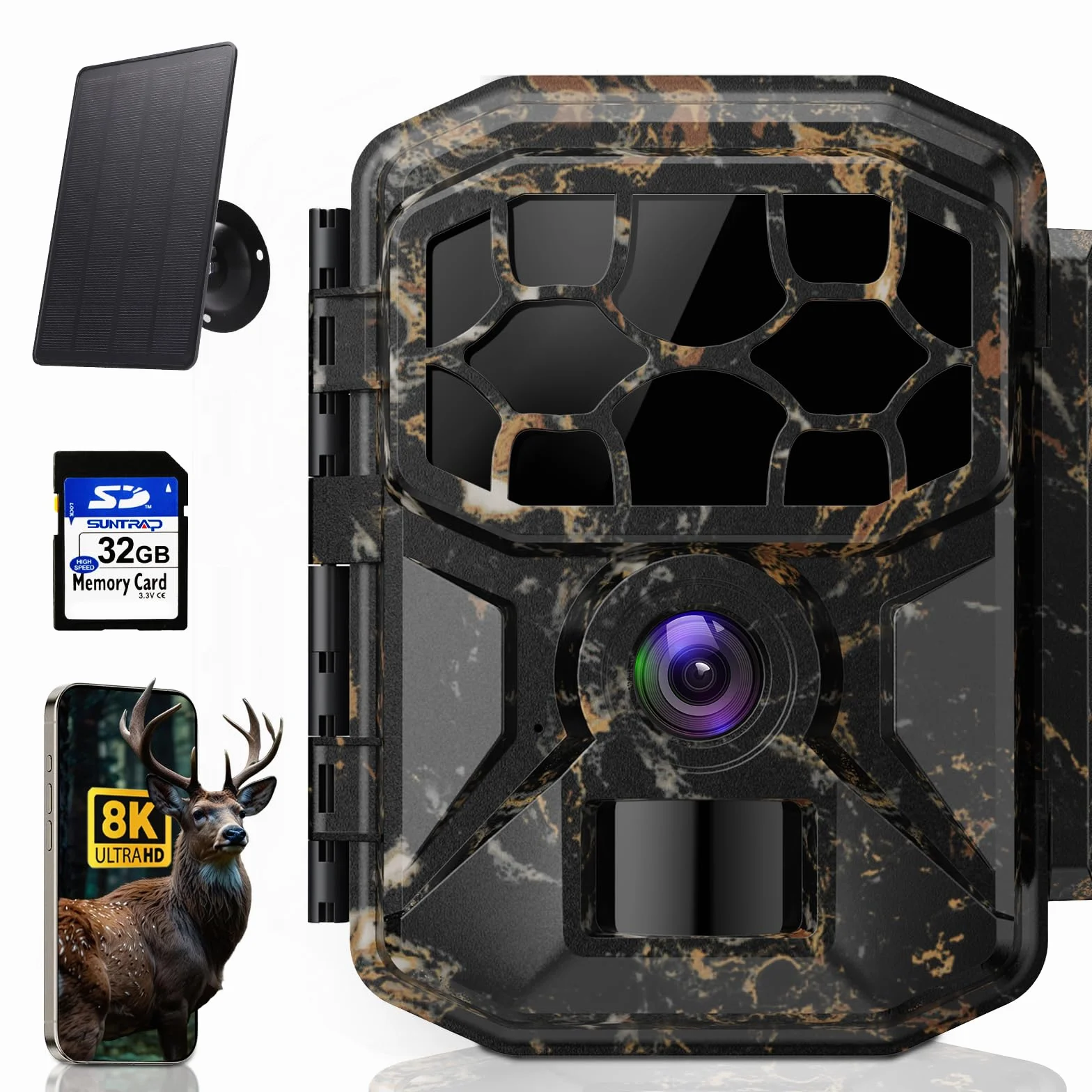 Fototrappola Solare 8K 60MP WiFi IP66, Rilevamento Movimento 20m, Visione Notturna HD