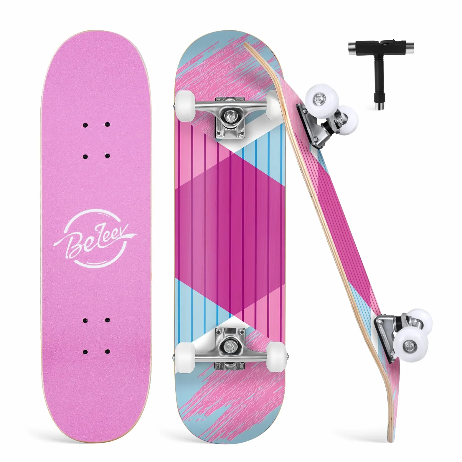 BELEEV Skateboard 31x8 per Principianti, Bambini, Adolescenti e Adulti, Completo Pro Cruiser Skateboard per Ragazza Ragazzo, Acero Canadese a 7 Strati, Doppio Vassoio Concavo, con Strumento a T