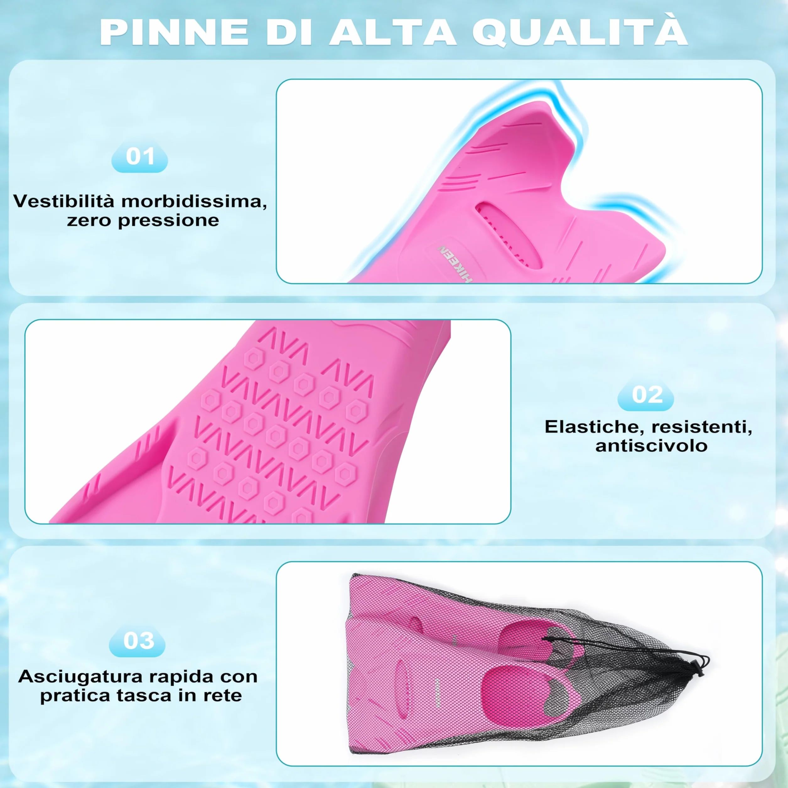 Pinne Corte da Nuoto in Silicone Puro per Snorkeling con Punta Aperta e Borsa a Rete