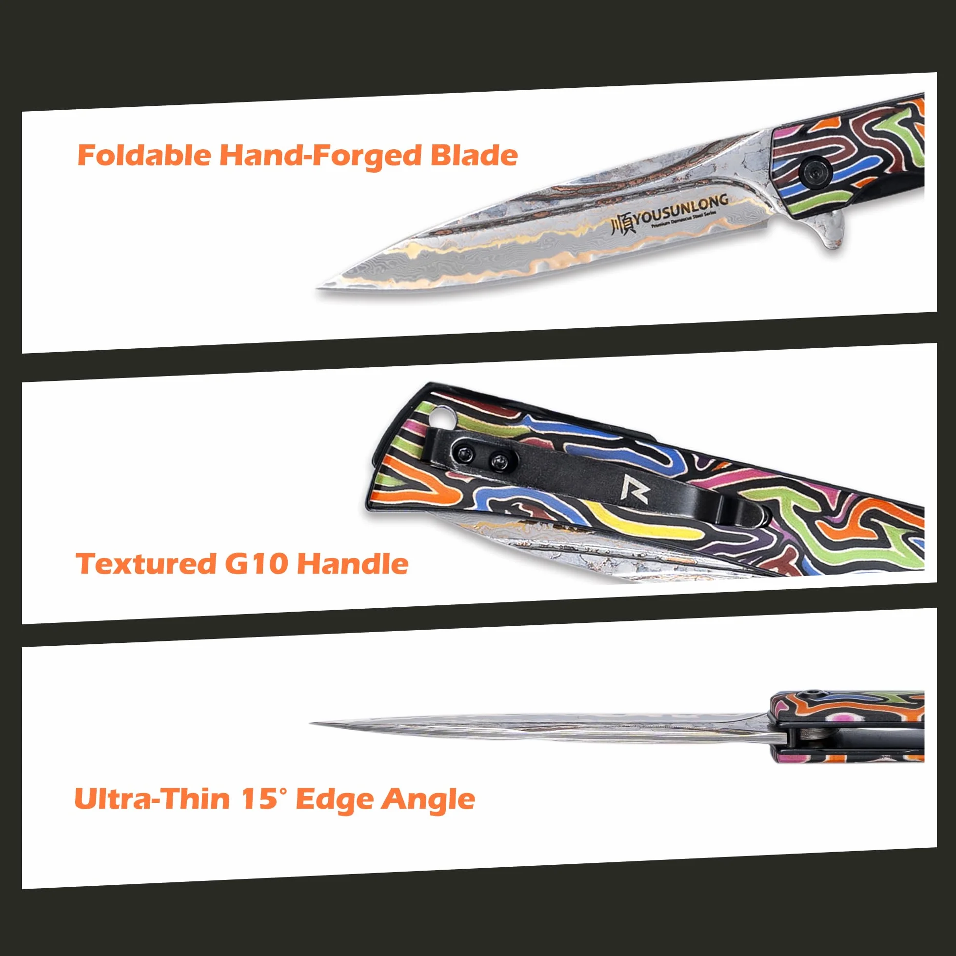 YOUSUNLONG Coltello pieghevole da campeggio da 215 mm - Lama in acciaio damasco CuMai - Rivestimento del manico in G10 multicolore