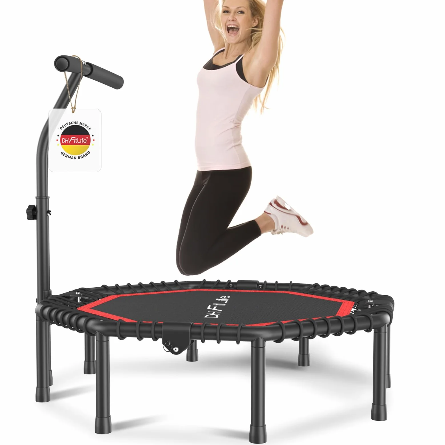 DH FitLife Trampolino Fitness Pieghevole Ø 115/128 cm | Silenzioso con Sospensione in Gomma | Senza Installazione | Maniglia Regolabile a 3 Livelli | Per Interni ed Esterni