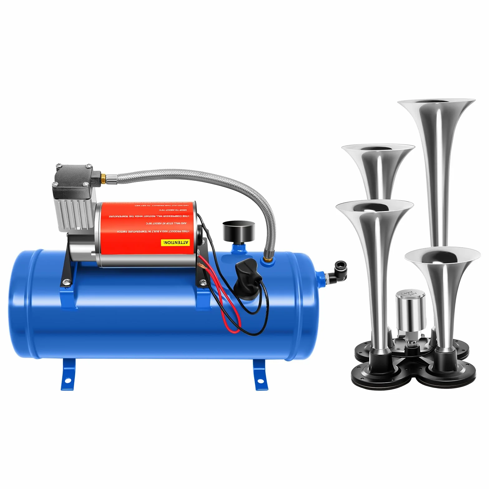 Compressore d'aria da 150 dB, 12 V, 4 Trumpet Train Air Horn Kit e compressore d'aria da 150 PSI con serbatoio da 6 l, per auto, camion, treno, furgoni, barche, blu
