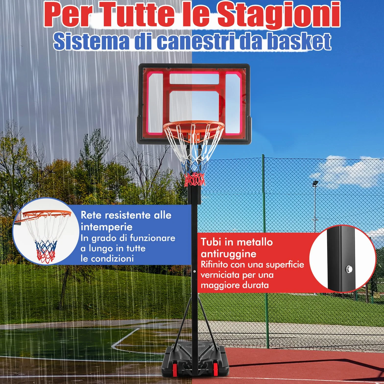 COSWAY Canestro da Basket Esterno Portatile Regolabile 10 Livelli Tabellone 82cm Base Riempibile 2 Ruote Borsa Pallone Pompa