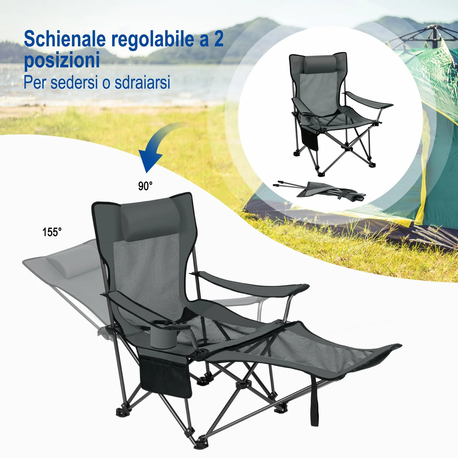 eSituro Sedia da Campeggio Pieghevole Portabile, Leggera, Schienale Regolabile 2 Posizioni, Oxford Grigio