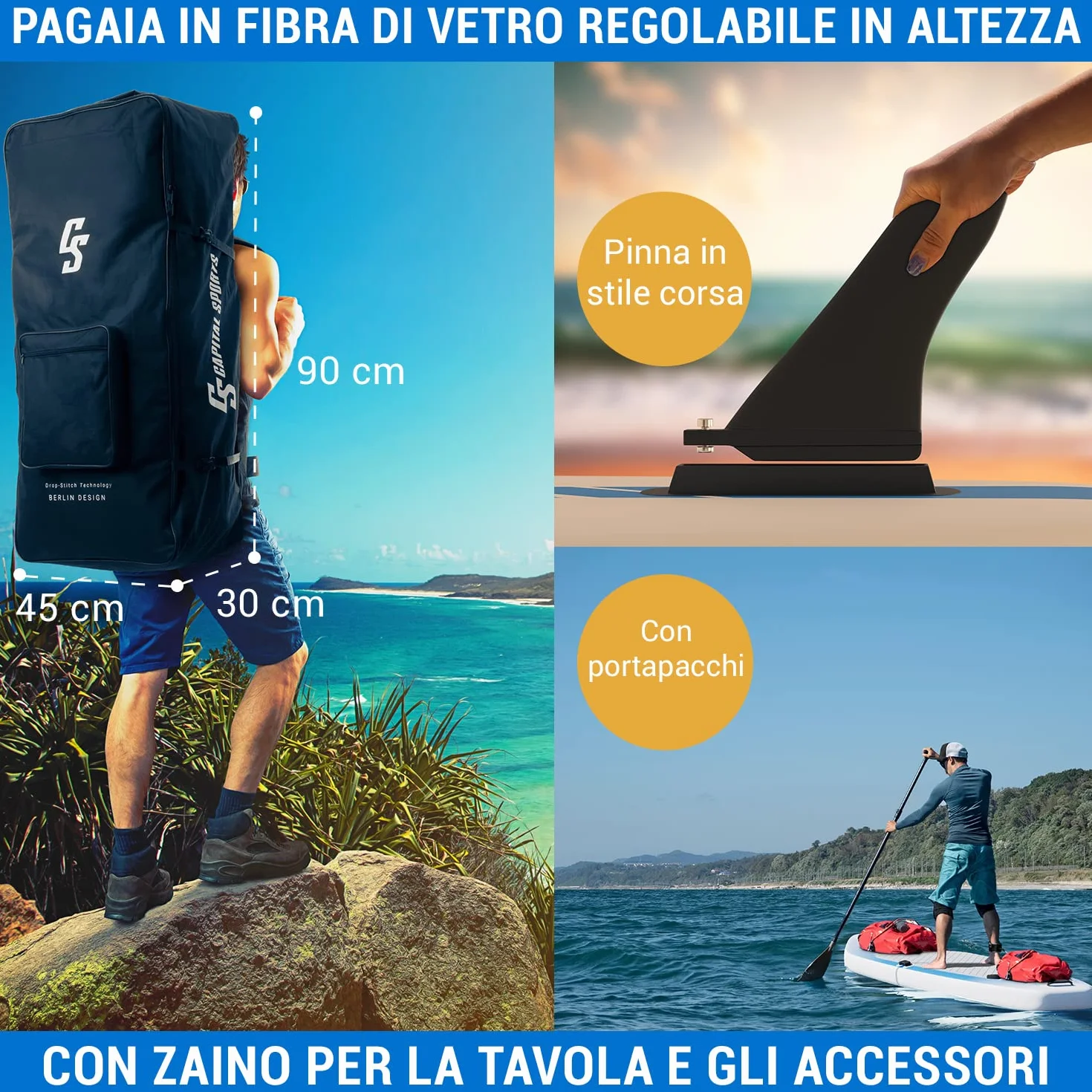 CAPITAL SPORTS SUP, Tavola SUP Gonfiabile per Adulti e Bambini, Versatile Stand Up Paddle con Pagaia SUP, Borsa da Trasporto, Pompa SUP e Accessori da Paddle Board e Kayak