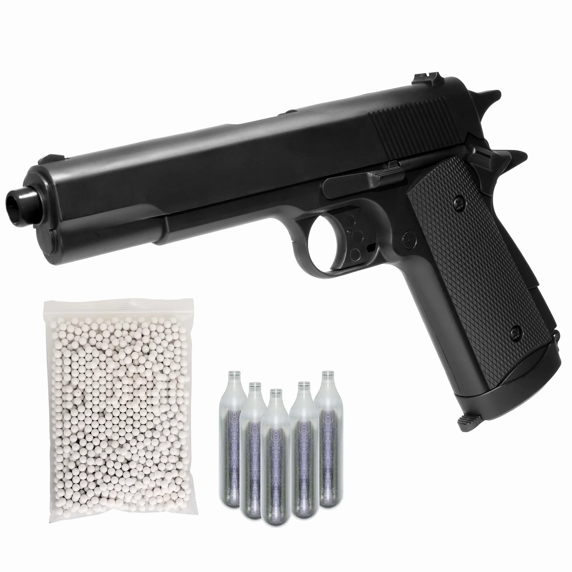 Pistola Softair 1911, Bundle Completo: Pistola a Pallini, 5 bombolette Co2, 1000 Pallini 6mm - Airsoft, Pistole Softair, colore nero, potenza 0,9 joule