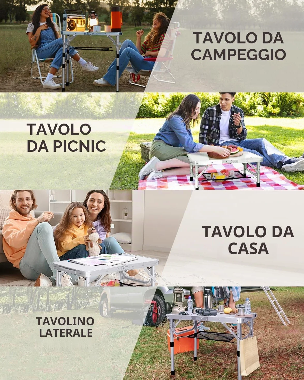 Sportneer Pieghevole Tavolino da Campeggio 60×40 cm Regolabile in Altezza 4 Altezze Portatile Bianco