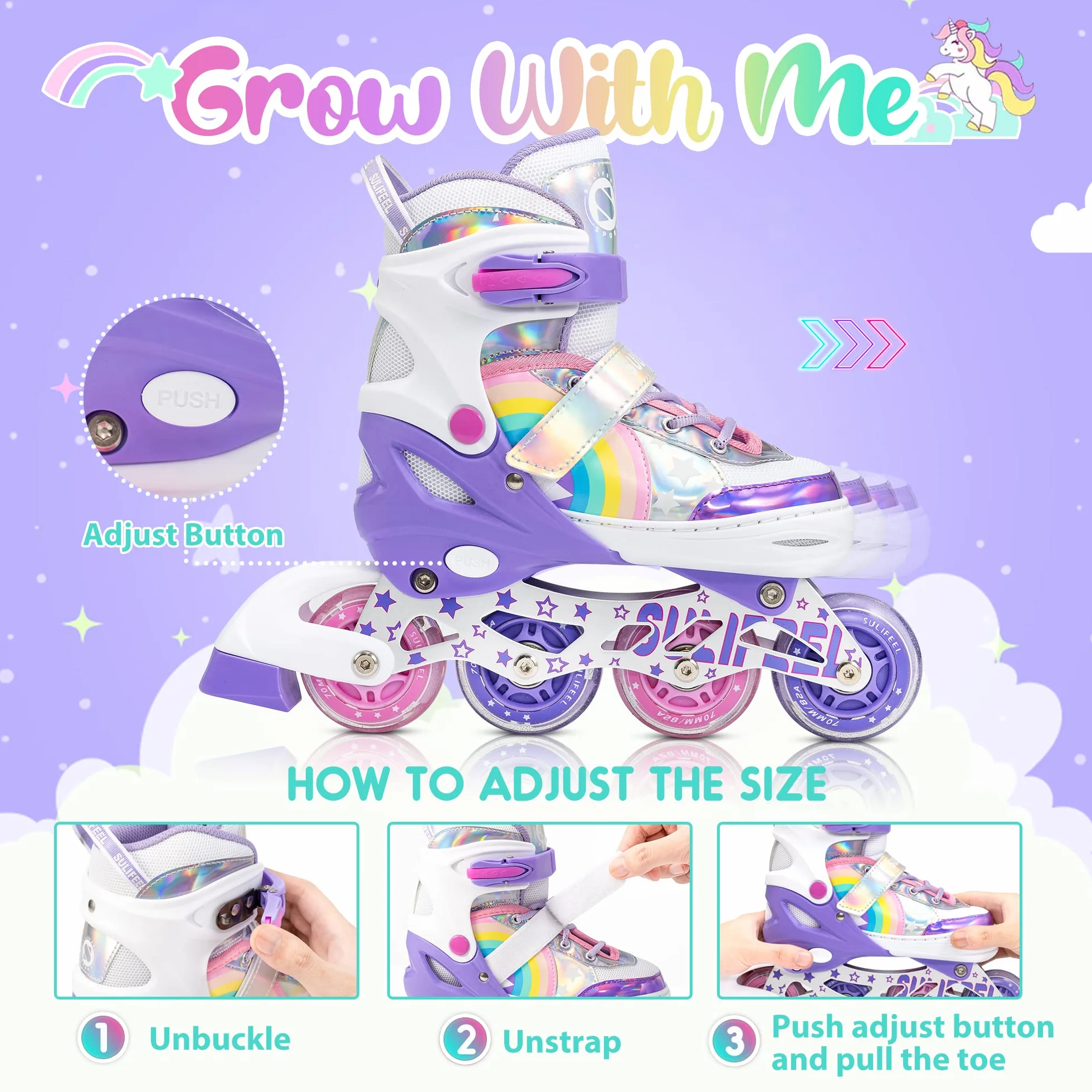 SULIFEEL Pattini in linea luminosi regolabili con unicorno arcobaleno per bambini, ragazze e ragazzi, pattini per principianti con ruote illuminate