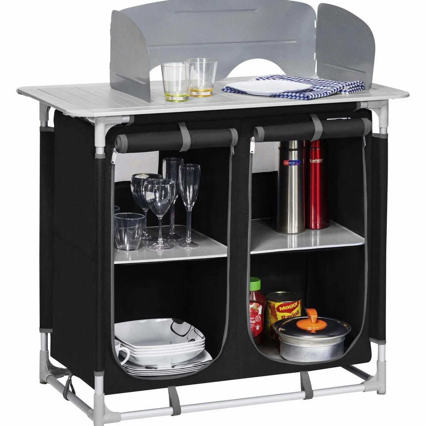 Berger Cucina da Campeggio Premium I Pieghevole Mobile Esterno Alluminio 4 Scomparti Frangivento Piedi Regolabili Nero Grigio
