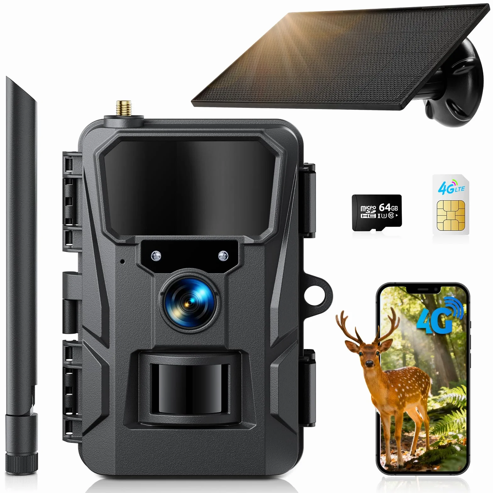 WOLFANG Fototrappola 4G LTE Solare 2K con Scheda SIM e 64GB SD, Visione Notturna, IP66, Nero