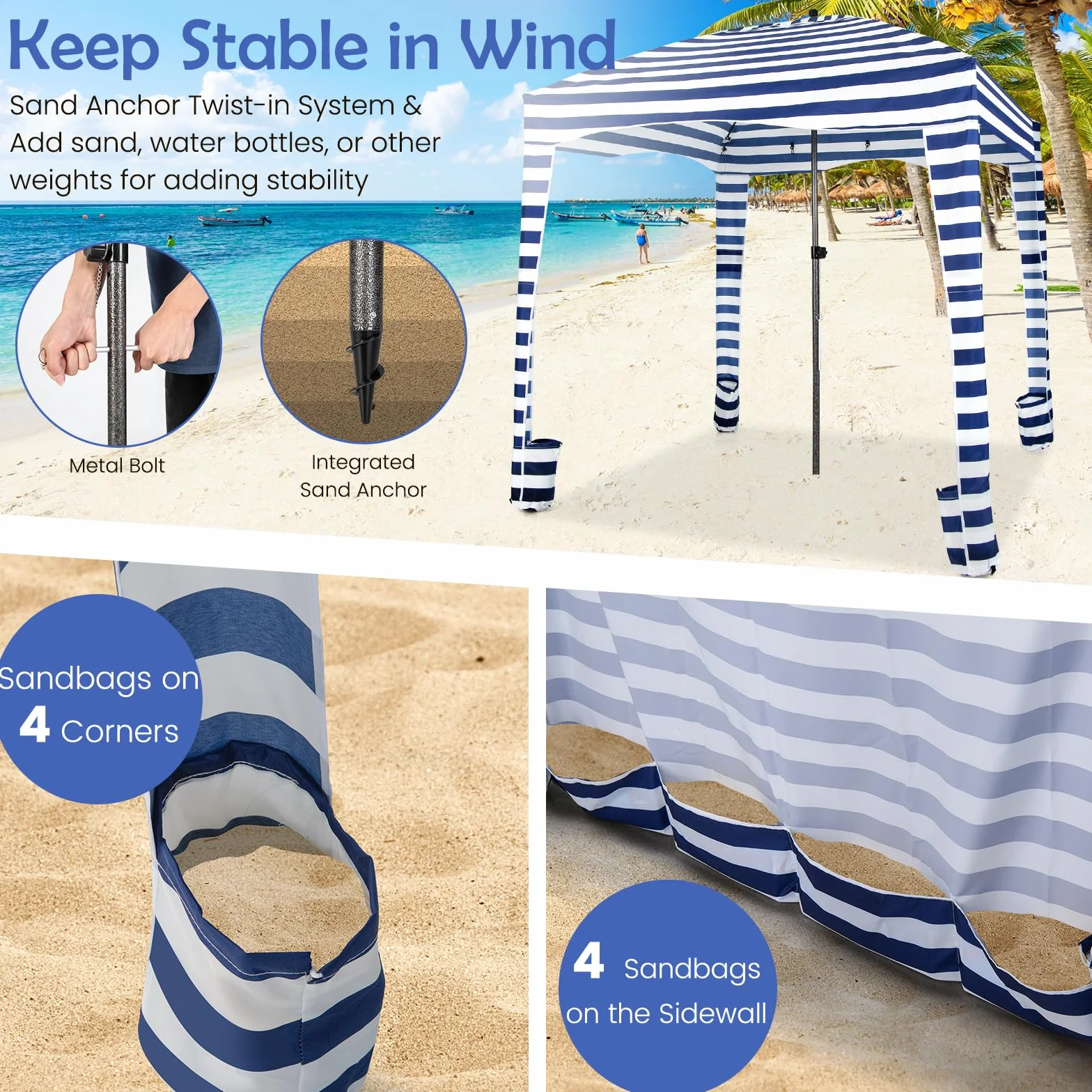 HOMASIS Tenda da Spiaggia Portatile 1,8 x 1,8 m, Parasole Spiaggia con Protezione Solare Regolabile in Altezza, Gazebo con Parete Laterale Rimovibile, Tenda con Borsa per il Trasporto (Blu)