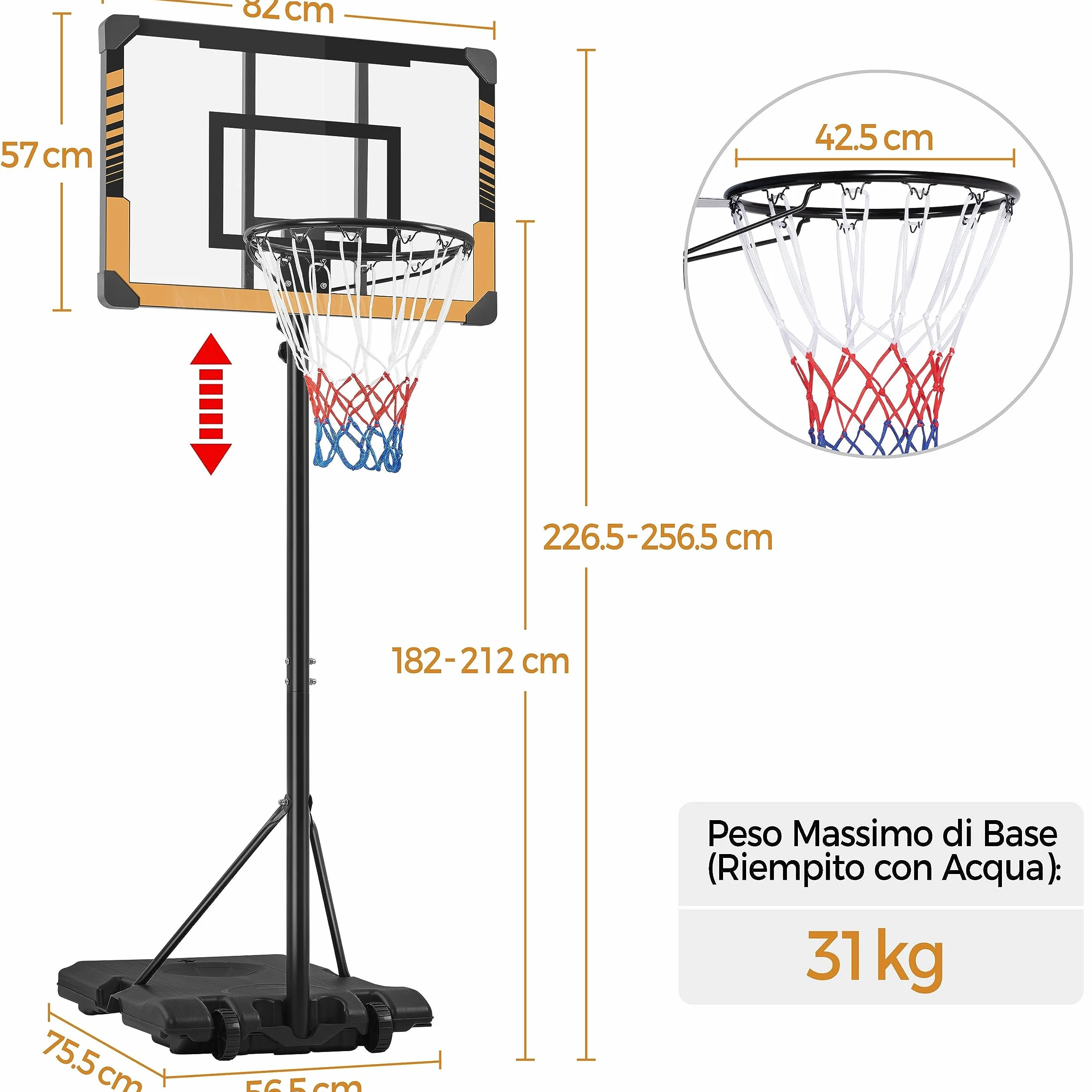 Yaheetech Canestro Basket Esterno Interno Altezza Regolabile con Colonna Tabellone