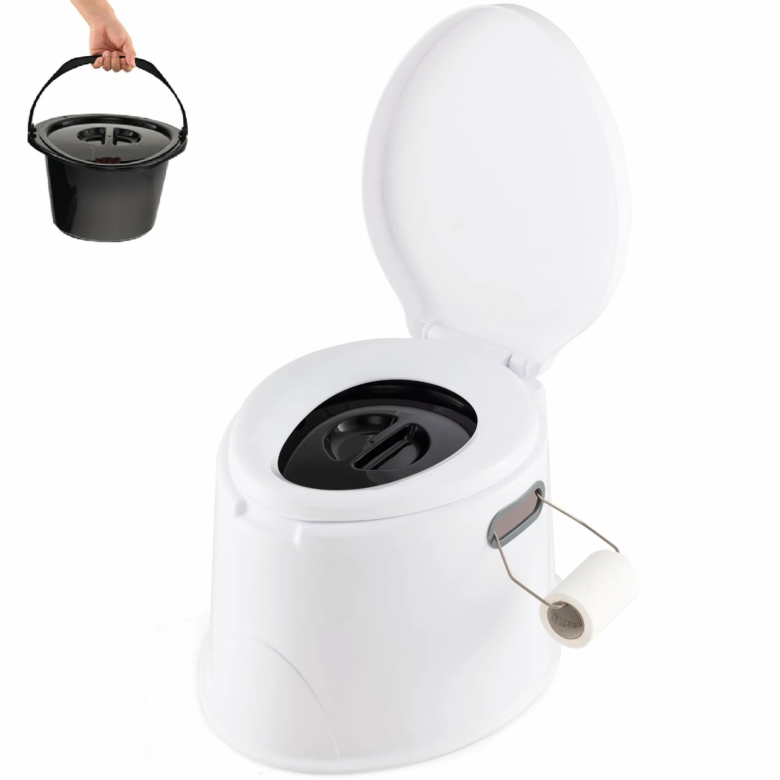 COSTWAY Toilette Portatile WC Chimico, WC da Viaggio Leggero con Secchio Interno Rimovibile,Water Portatile per Adulti e Anziani con Portarotolo, Supporto Carico 200 KG, 41 x 49 x 34 cm (Bianco)