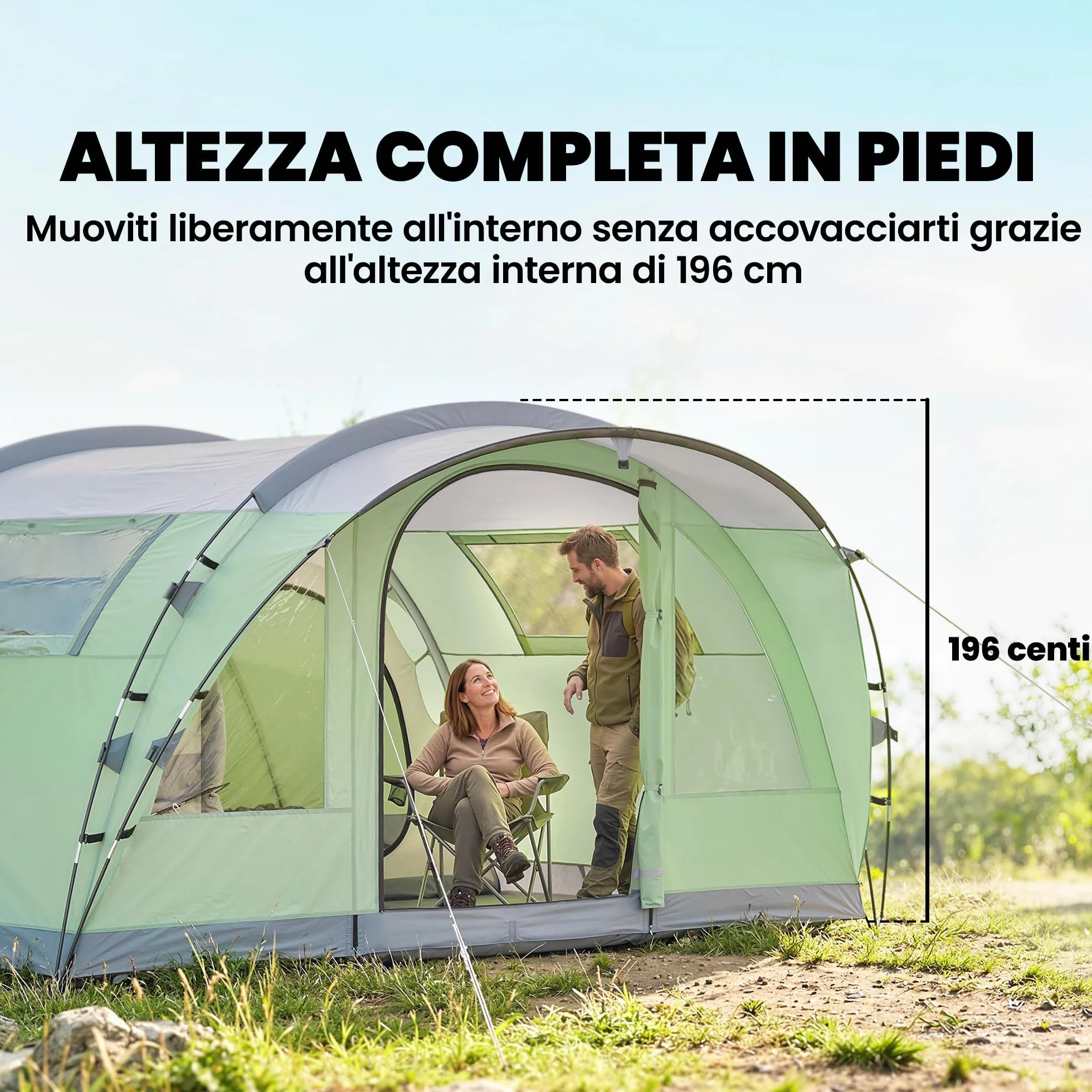 Outsunny Tenda Campeggio a Tunnel 5 Persone 196cm 2 Stanze Impermeabile 3000mm Verde Chiaro