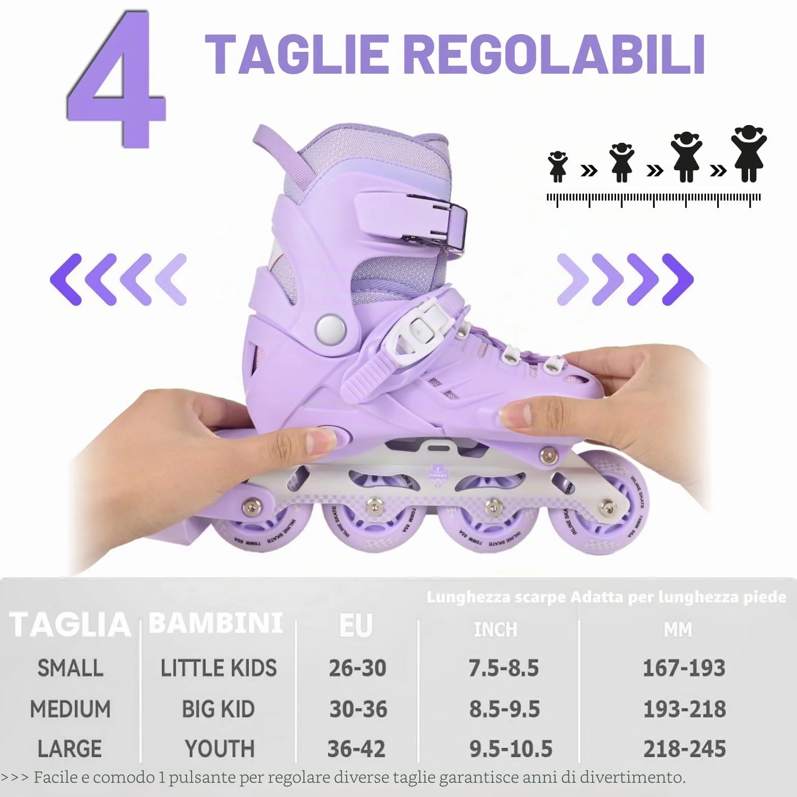 Pattini in Linea per Bambini, Telaio in Alluminio, Misura Regolabile, Viola