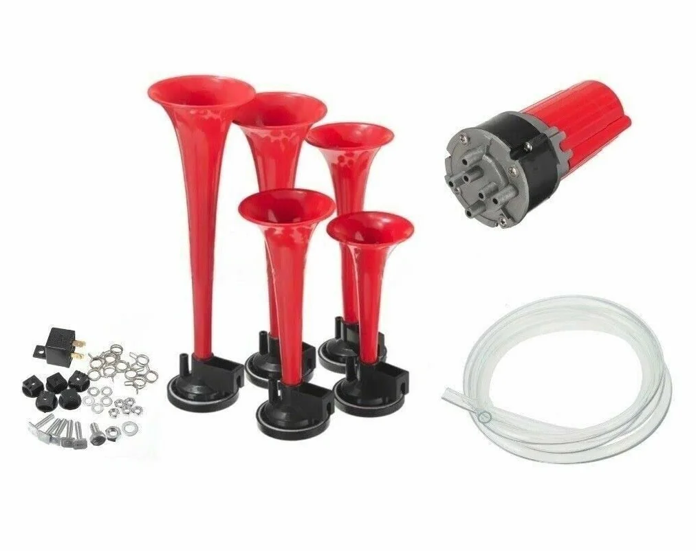 Tromba Pneumatica 5 Toni 'La Cucaracha' 12V Corno Rosso per Tutti i Veicoli Auto Camion Moto Suv Barche Clacson con la Melodia di La Cucaracha