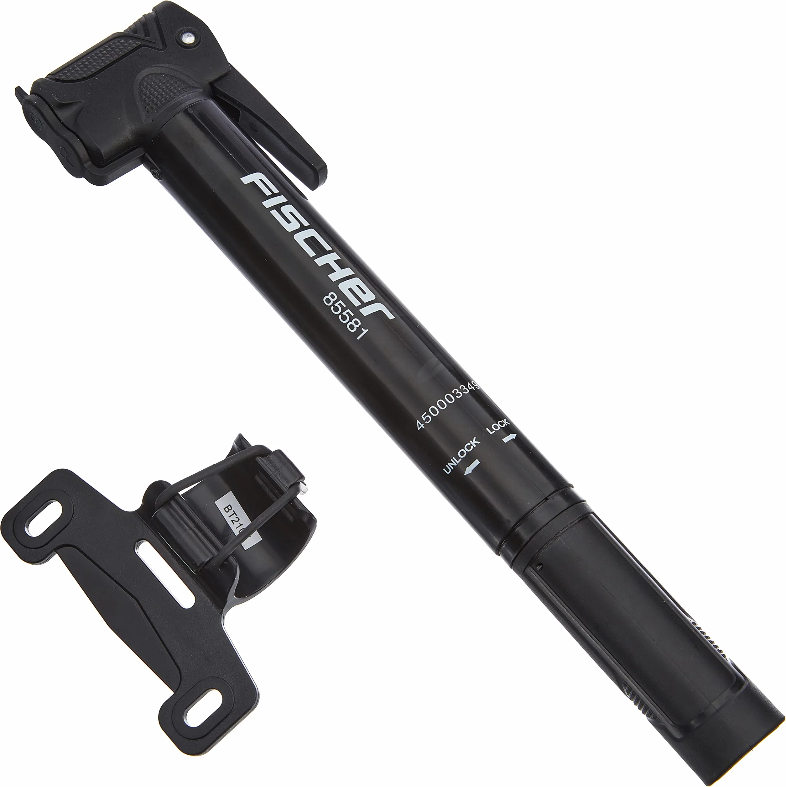 Fischer Mini Pompa per Bicicletta con Impugnatura a T, Doppia Testa, Supporto per Telaio, Nero