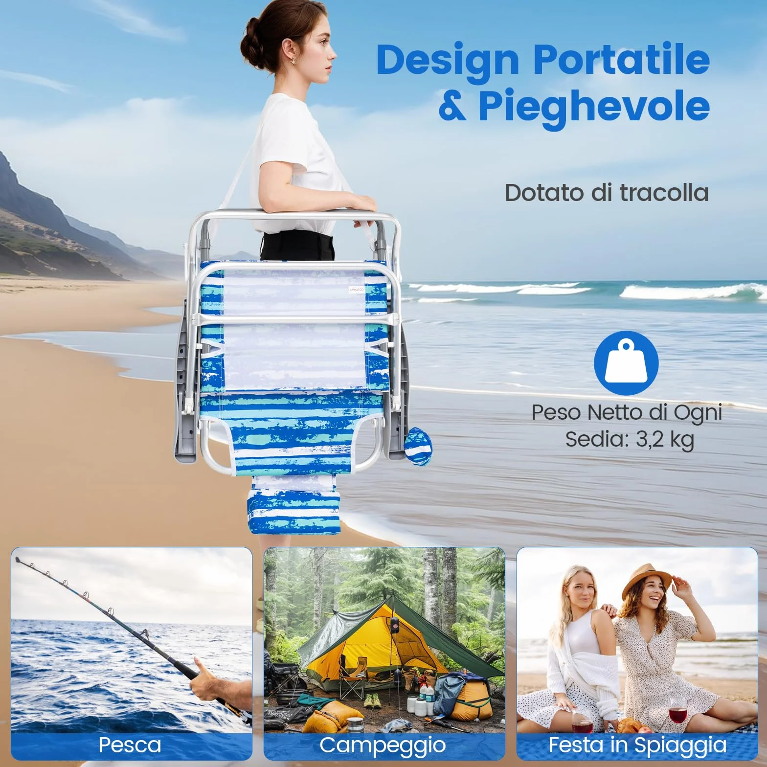 COSTWAY Set di 2 Sedie Pieghevoli da Spiaggia, Sdraio Regolabile 5 Posizioni, Portata 150 kg Blu