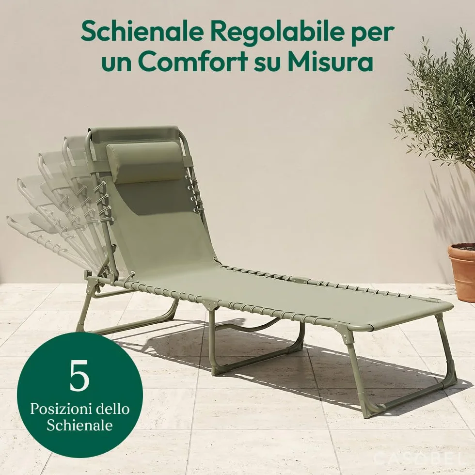 CASABEL Sedia Sdraio Pieghevole da Giardino, Set di 2 Lettini Pieghevoli Esterno Comodi e Resistenti, Struttura in Acciaio e Rivestimento in Textilene, Arredo Giardino Prendisole, Verde salvia