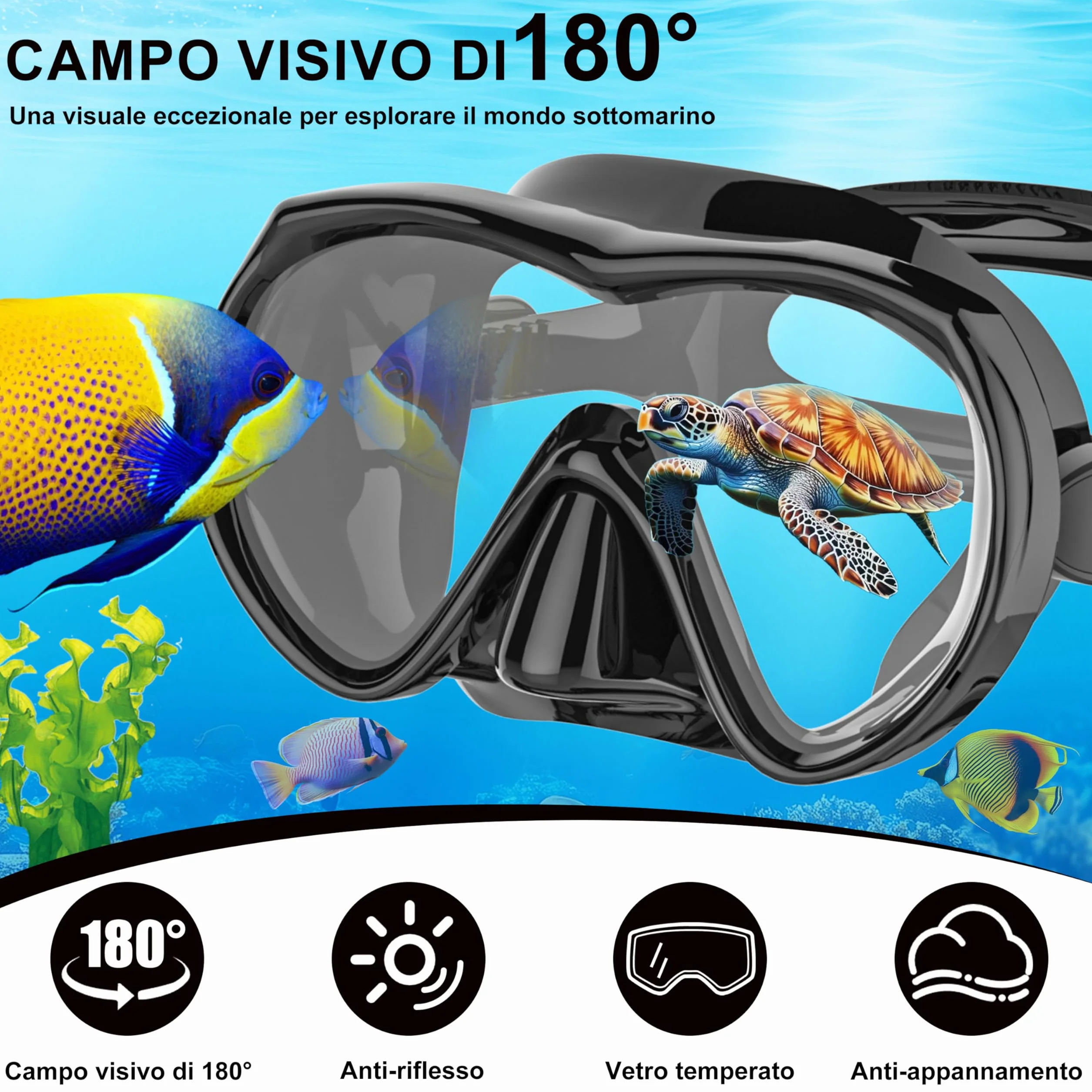 Set da Snorkeling per Adulti IEEILULU con Maschera Panoramica 180° e Boccaglio a 3 Canali