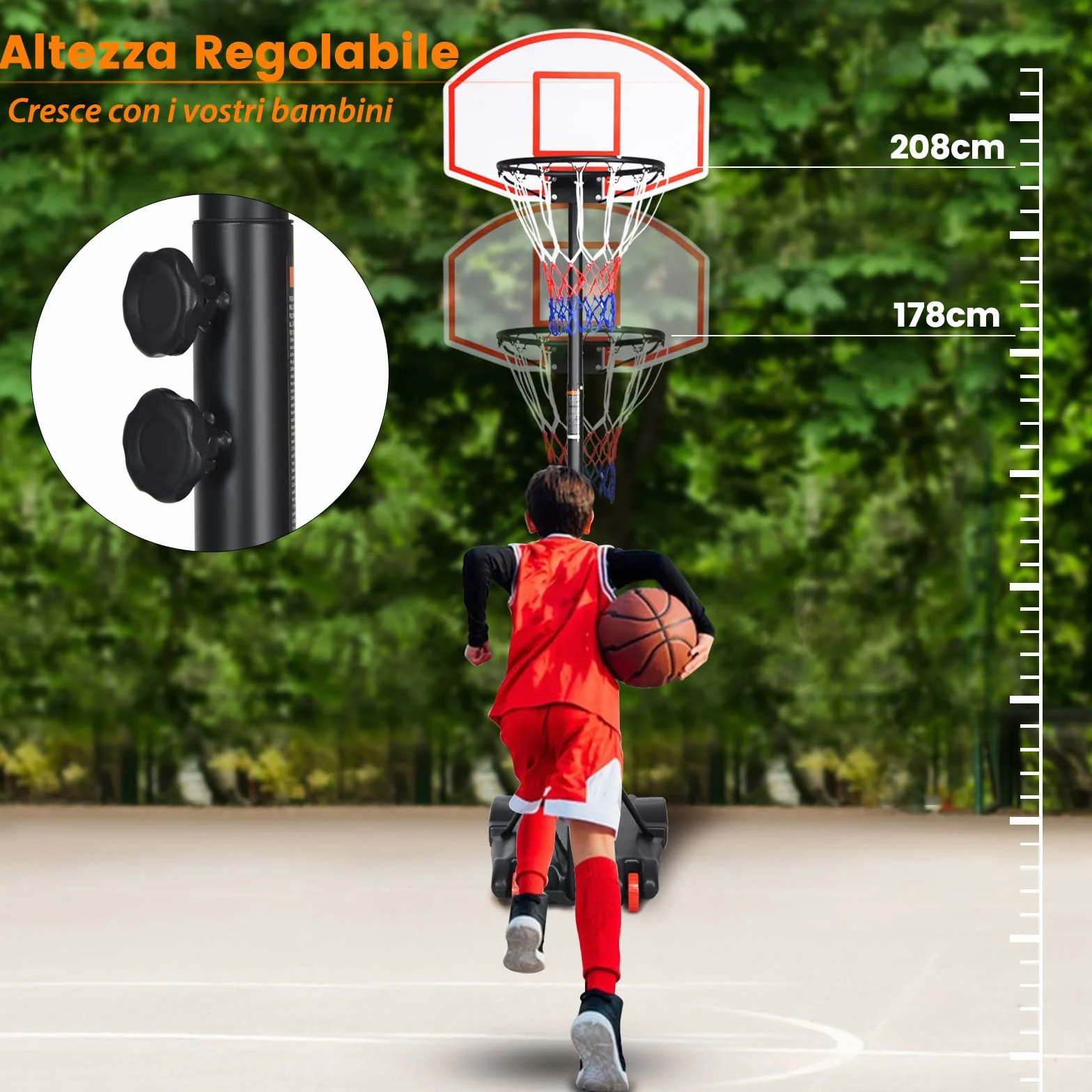 COSTWAY Canestro da Basket Regolabile 178-208 cm per Bambini con Ruote e Base Riempibile