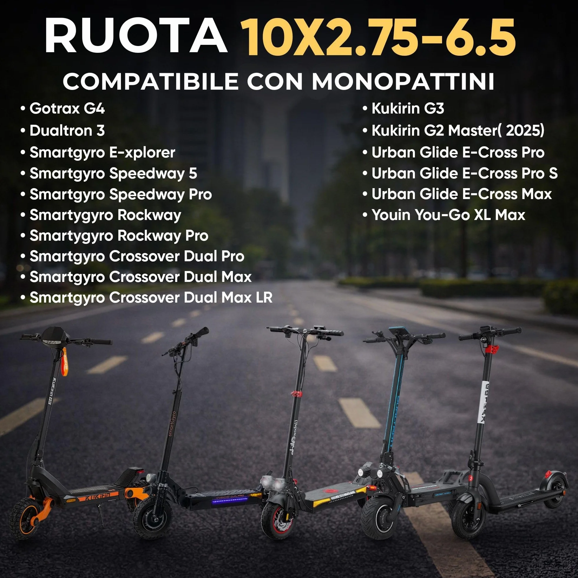 Gomme Monopattino 10x2.75-6.5 Ruota Tubeless 10 Pollici per Scooter Elettrico Smartgyro Speedway