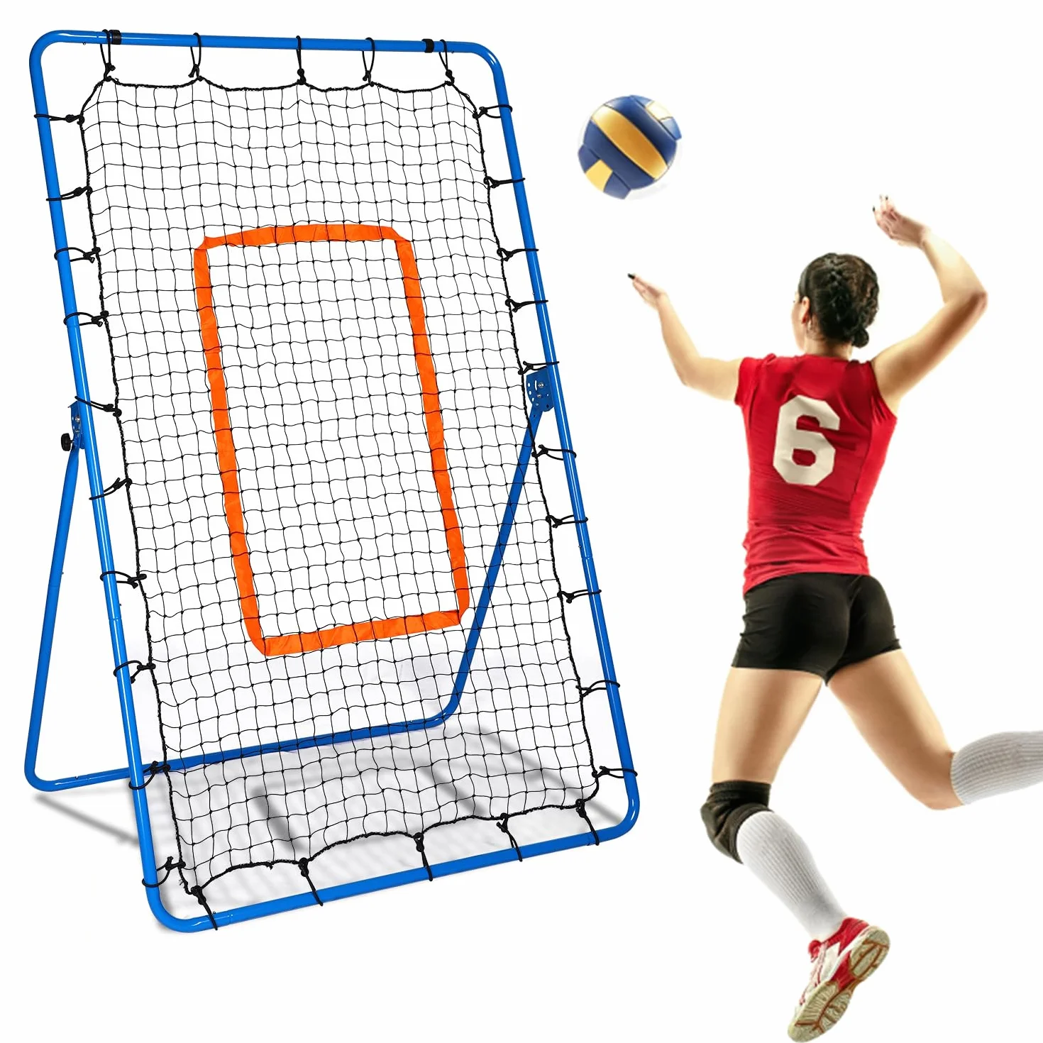 Rete rimbalzante per pallavolo, 1,8 x 9,2 m, regolabile a 5 angolazioni, rete per rimbalzo, bersaglio per allenamento pallavolo, attrezzatura da allenamento con rete in PE e corde elastiche per