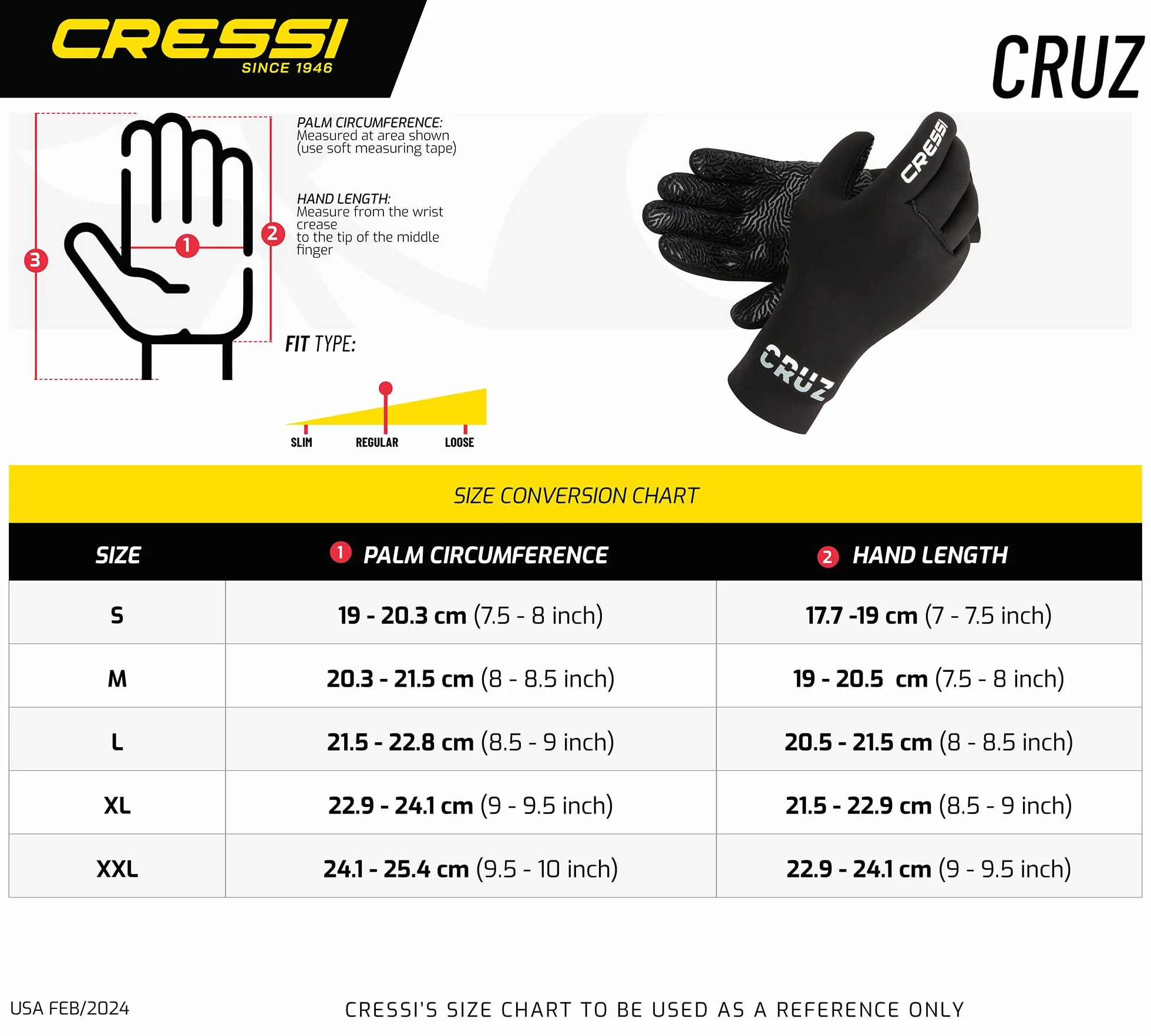 CRESSI Cruz Gloves 3mm Neoprene Black Anti Slip Palm System Immersione Adulto Unisex