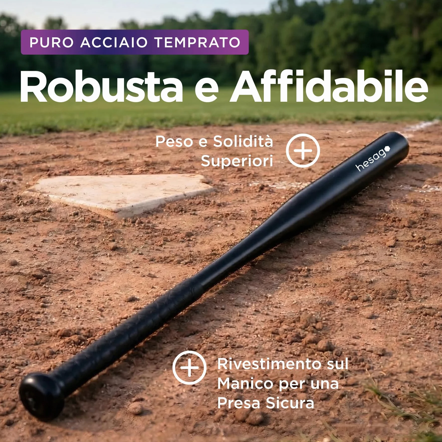 Mazza da Baseball in Acciaio Temprato Pesante con Impugnatura Antiscivolo Nero Opaco e Borsa