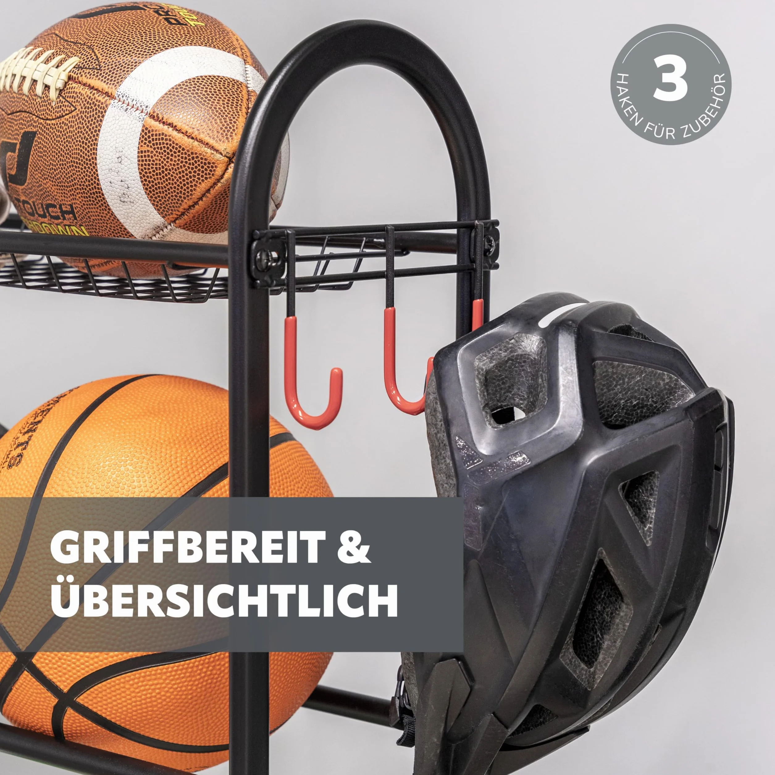 eluno Supporto per conservazione palle sportive in acciaio nero con ganci, per baseball e calcio