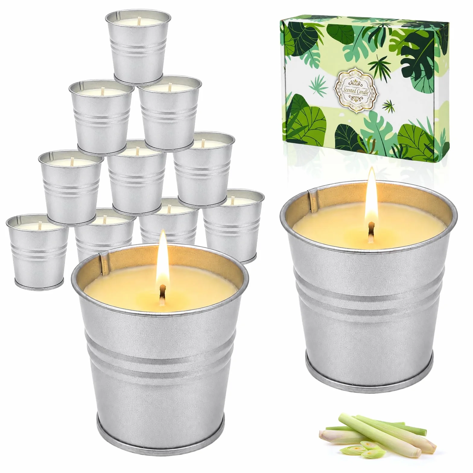 Candele Alla Citronella per Esterni in Secchiello di Metallo con Cera di Soia 12 Pezzi
