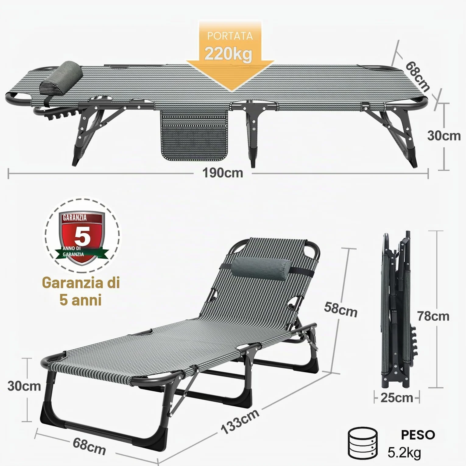 MOPHOTO Lettino prendisole pieghevole per giardino con materasso, schienale e gambe regolabili, portatile, per interni ed esterni, sedia a sdraio pieghevole per abbronzatura al sole, perfetta per