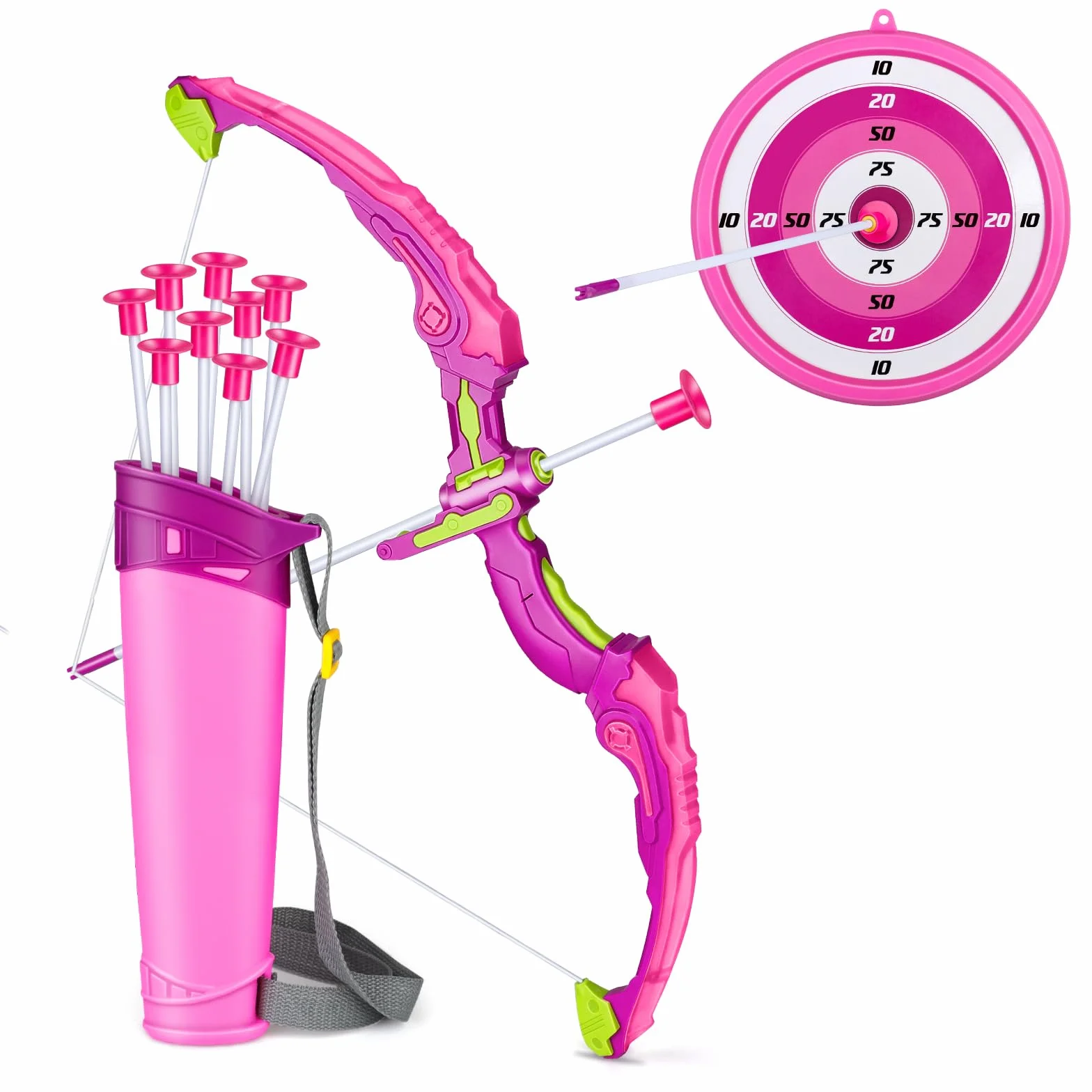 Arco e Frecce per Bambini con Luci LED, 2 in 1 Set Tiro con L'Arco, 1 Bersaglio e 10 Frecce a Ventosa, Regalo per Bambine 4-8 Anni