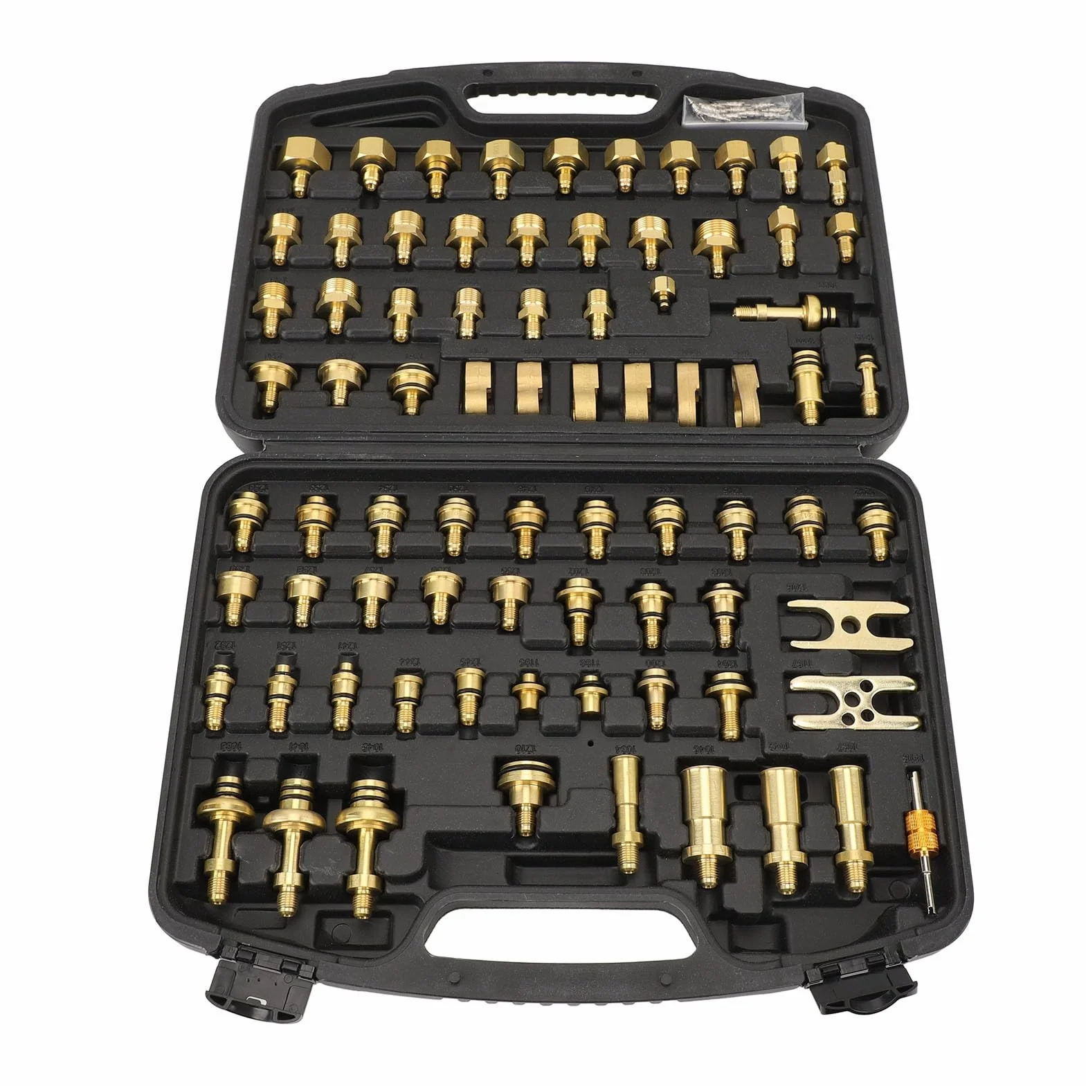 ANGGREK Kit Test Perdite Aria Condizionata Auto 77 Pezzi con Connettori in Ottone, Set Completo per Rilevamento e Riparazione di Perdite A/C per Auto e Camion