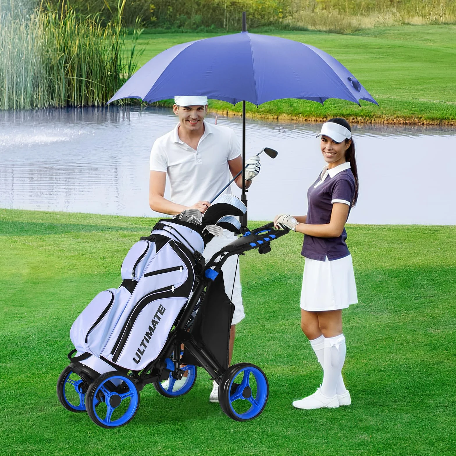 COSTWAY Carrello da Golf Pieghevole Leggero 4 Ruote con Borsa Impermeabile, Freno a Pedale, Porta Tazza e Porta Ombrello