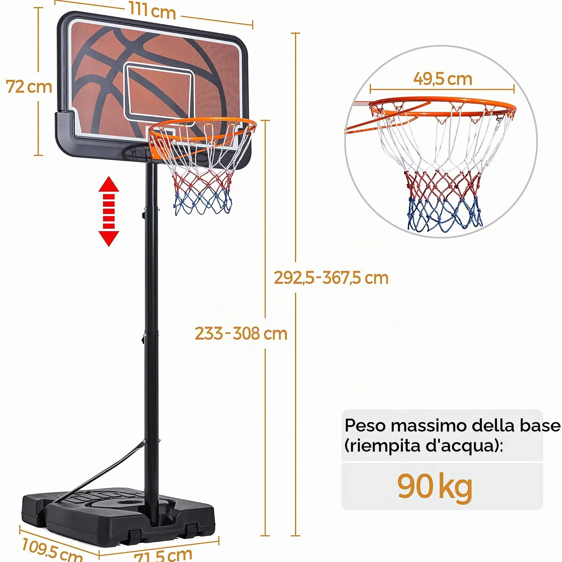Yaheetech Canestro da Basket Regolabile 233-308 cm HDPE Metallo Interno Esterno Nero Arancione