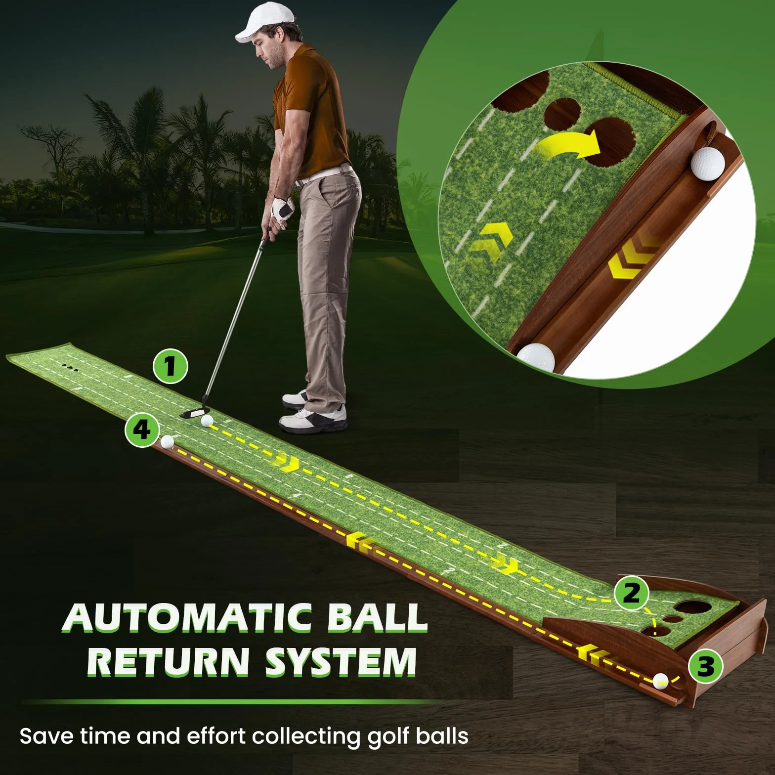 LIFEZEAL Tappetino Golf Allenamento con Buche per Interni Ritorno Automatico Base per Golf 3 Buche