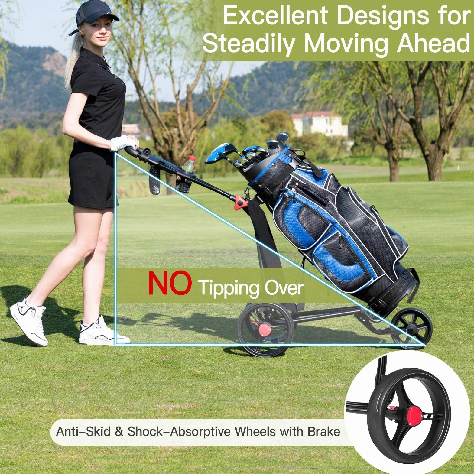LIFEZEAL Carrello da Golf Pieghevole a 3 Ruote, Maniglia Regolabile TPR, Freno a Pedale, Ferro, Portaombrelli, Nero