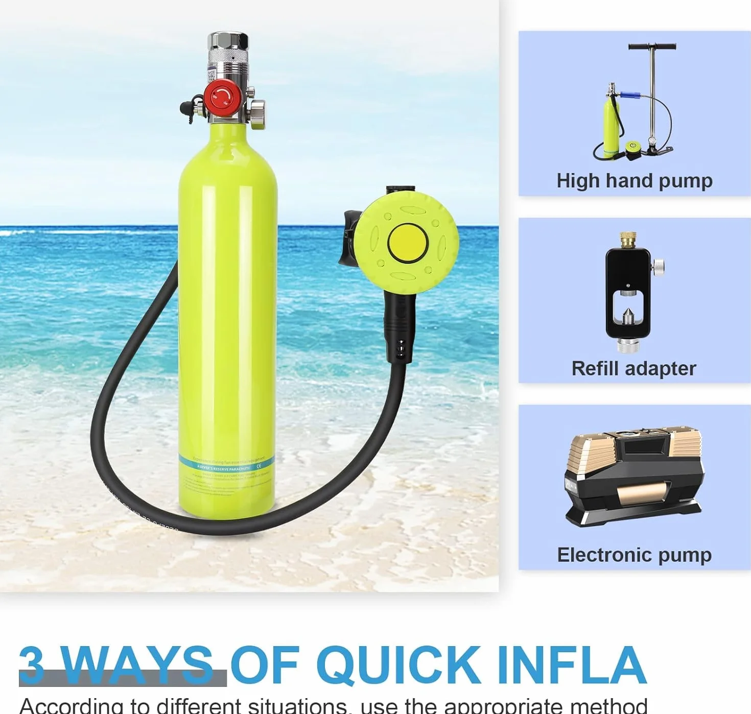 Mini Bombola da Sub 1L Kit Snorkeling con Borsa Impermeabile e Pompa a Mano