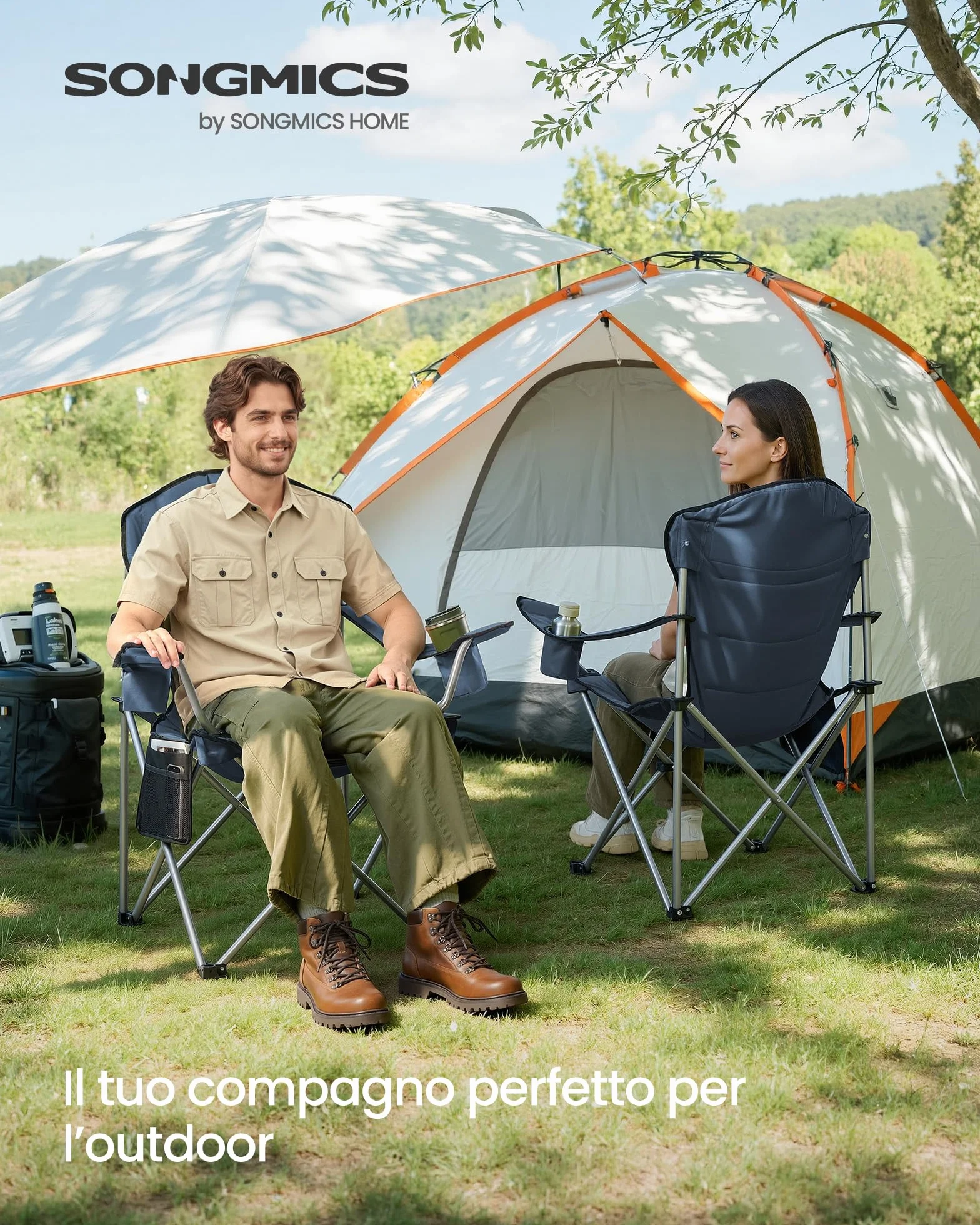 SONGMICS Sedia da Campeggio Pieghevole Portatile Seduta Ampia Schienale Alto Blu Grigio GCB005QE01